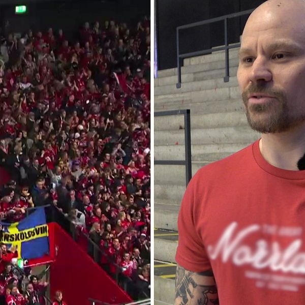 Bilden är ett montage. Till vänster syns rödklädda Modosupportrar under en match och till höger syns Frank Eriksson, Modosupporter.