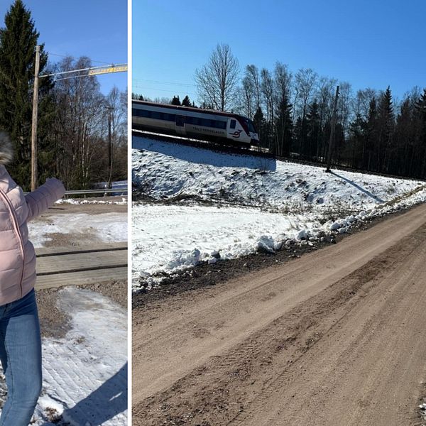 Kvinna i rosa jacka som pekar på övergången, till höger bilden på bussen som står på rälsen med tåget intill.