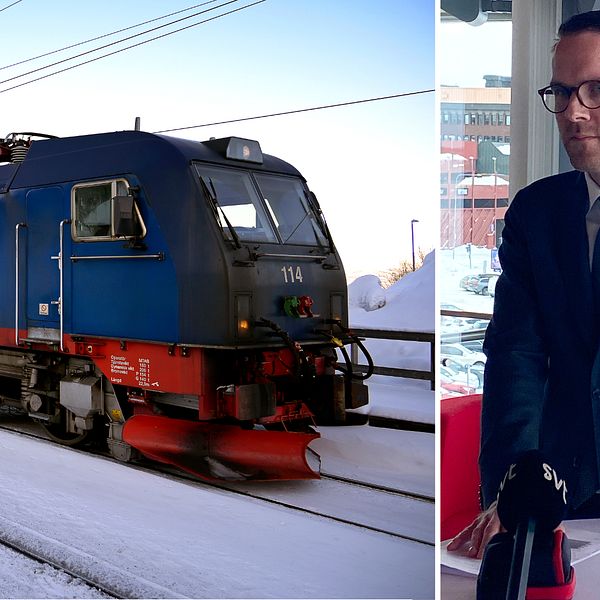 Till vänster ett tåg på malmbanan. Till höger infrastrukturminister Andreas Carlson (KD) under fredagens pressträff.