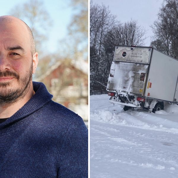 Kollage. Till vänster: Martin Ogden, ljus hy, mörka ögonbryn och skägg. Blå tröja. Till höger: En mindre, vit, lastbil har kört in i ett staket. Mycket snö på vägen och i sluttningen där lastbilen är.