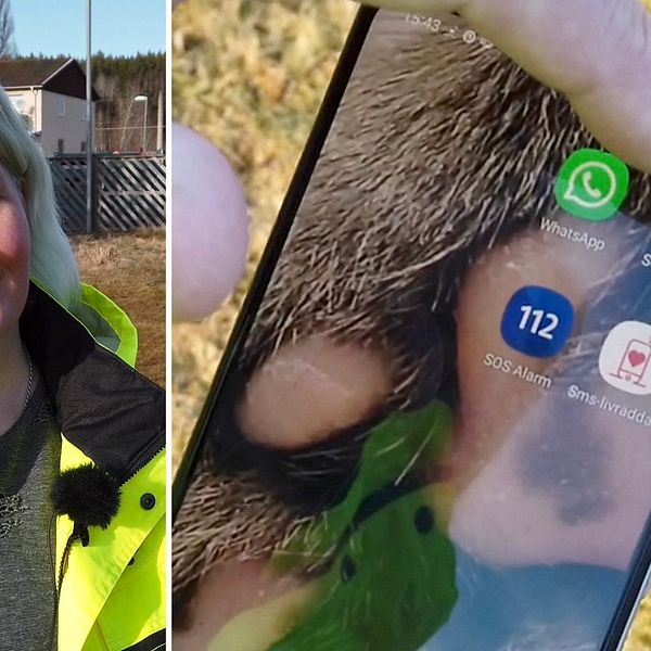 Tvådelad bild: Mia Ek, en kvinna i reflexjacka och en mobltelefonskärm där ett finger trycker på appen SOS Alarm.