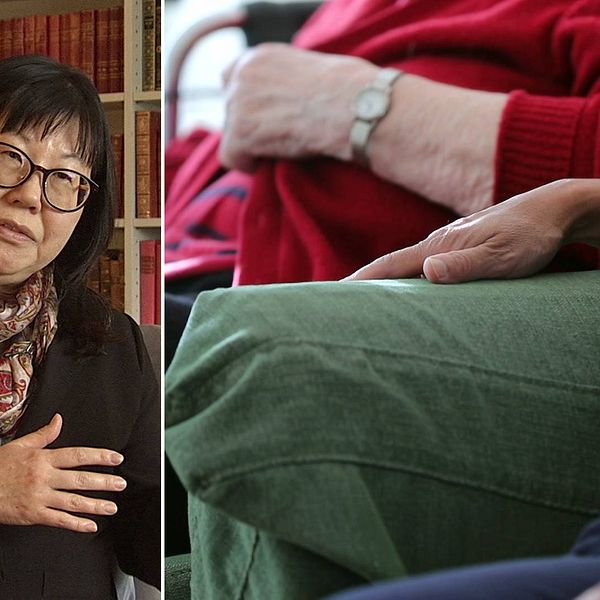 Tvådelad bild: Överläkare Madelene Johanzon och personer i en väntsal.