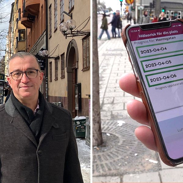 Saki Carapanos, mäklare, står till vänster. Han står på Hornsgatan, bilar i bakgrunden. Till höger en närbild på en mobiltelefon där Stockholms stads nya app Luft Stockholm är öppnad.