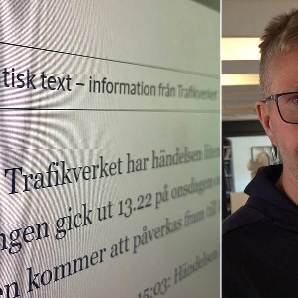 Tvådelad bild: En skärm som visar en AI-skriven text om en trafikolycka och Hallands Nyheters Ulf Niklasson.
