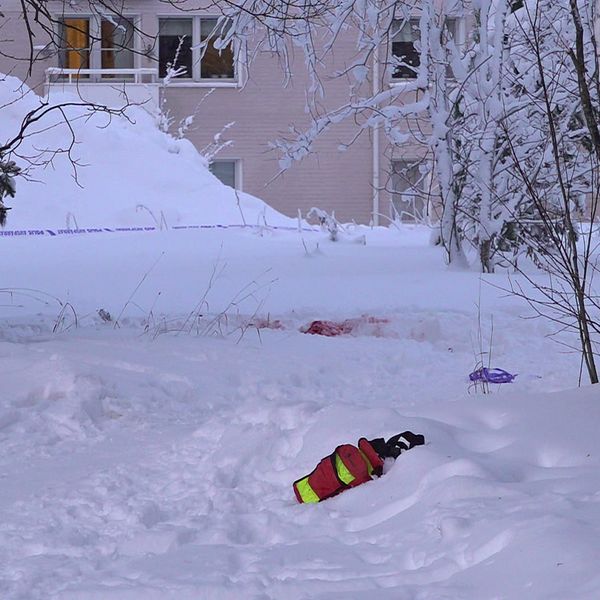 Blodstänk i snön utanför ett bostadshus i Torvalla där en kvinna hittades skadad i januari 2023.