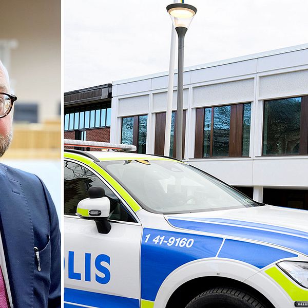 Till vänster: kammaråklagare Lars Hedvall. Till höger: Eskilstuna tingsrätt. En polisbil står parkerad utanför.