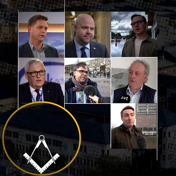 Ett kollage med flera små bilder på Karlstads politiker, bakom dem ligger en mörk bild på Karlstad. I bilden finns även frimurarnas grafik.