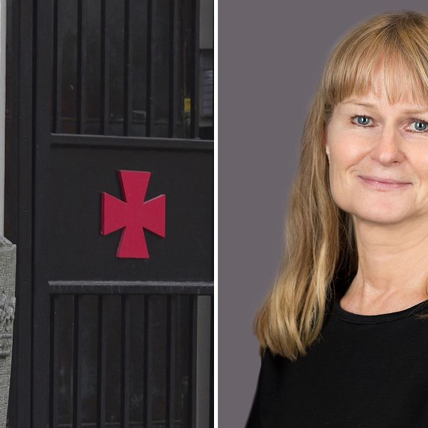 Till vänster en bild på en port med ett rött kors, till höger en porträttbild på Susanne Junkala.