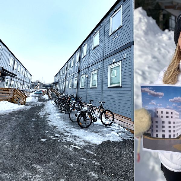 Till vänster: Modulhus i Skellefteå som just nu utgör studentbostäder. Till höger: Studenten Emelie Hassel håller upp ett utskrivet papper med en bild som visar hur det är tänkt att de framtida studentbostäderna ska se ut.