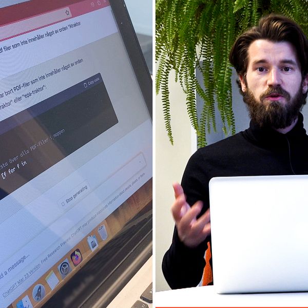 Till vänster en datorskärm med ett AI-verktyg öppet, till höger reportern Daniel Strömbäck som står bakom en laptop.