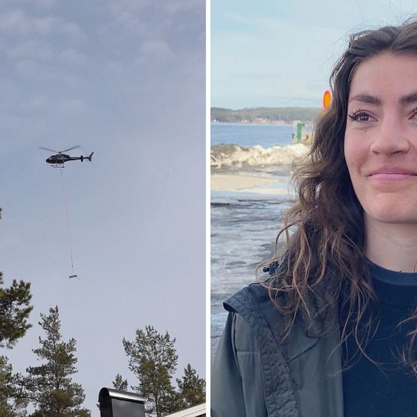 Till vänster ser man virket som lyfts av en helikopter och till höger ser man Hanna Krämer med ett leende på läpparna.