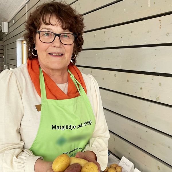 Potatisfantasten Pirjo Gustavsson står med sitt yviga brunröda hår, ljusgrönt förkläde och orange sjal över sin vita blus med olika potatisar i händerna.