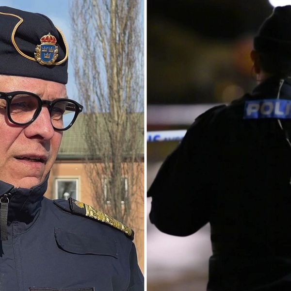 Rikspolischef Anders Thornberg / polis fotograferad utomhus i mörkret bakifrån.