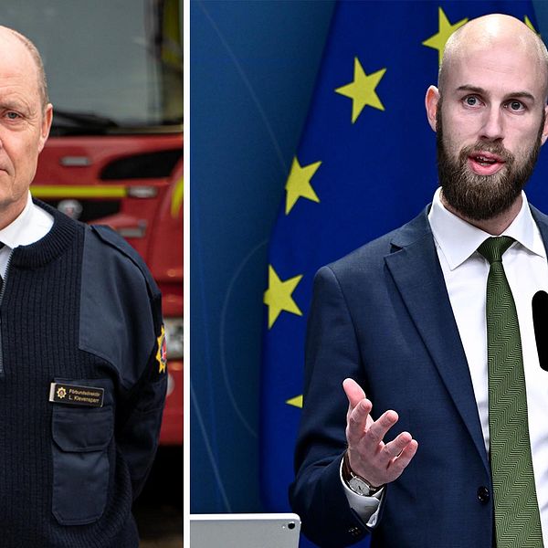 Pressbilder på två tunnhåriga män. TIll vänster Lars Klevensparr iklädd uniform för räddningstjänsten. TIll höger: Ministern för civilt försvar, Carl-Oscar Bohlin, från en presskonferens. EU-flaggan syns i bakgrunden.