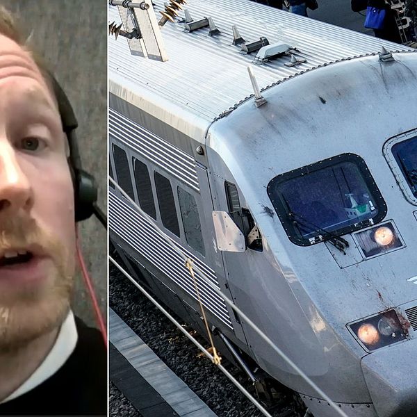 Bildsplitt, Jonas Olsson presskommunikatör hos SJ pratar med ett headset över Teams till vänster, till höger ett SJ-tåg på en perrong.