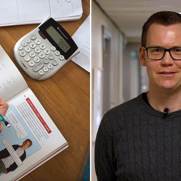 En kollagebild med en man i glasögon till höger som ler lite mot kameran och till vänster en genrebild på en mattebok och någon som försöker räkna ut något på en miniräknare