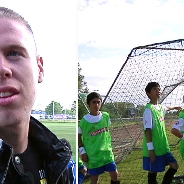 Till vänster: En ung Pontus Jansson i ett reportage med Sydnytt på en fotbollsplan i Arlöv. Till höger: Pontus Jansson leder ett knattelag.