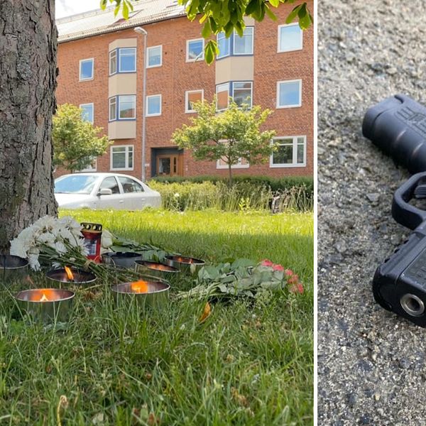 Bild på ljus som tänts vid mordplatsen dagen efter mordet och bild på vapnet som 16-åringen bar när han greps