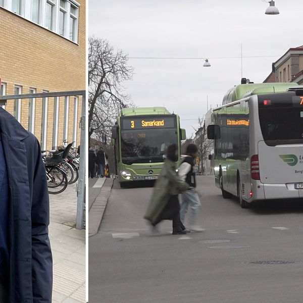 Montage av två bilder. Den ena visar Per Welander, trafikdirektör för Länstrafiken i Kronoberg. Den andre bilden visar stadsbussar i Växjö.