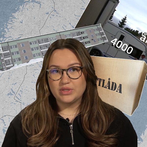 Kollage med en karta över Norrland som bakgrund,  en reporter, ett hus och en flyttlåda i förgrunden.