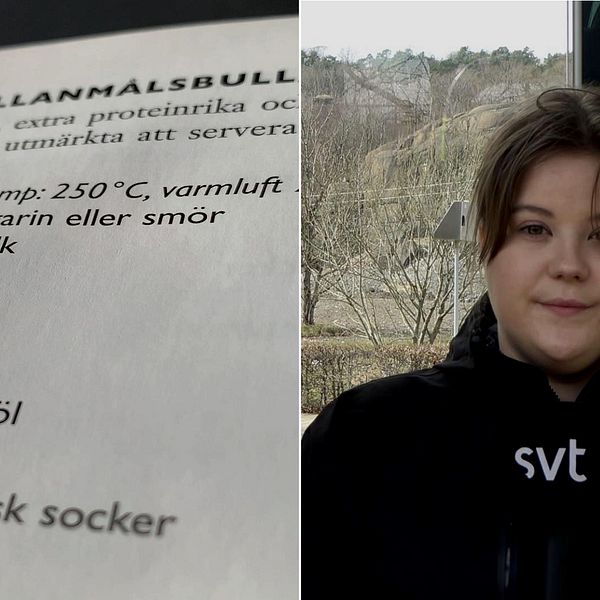 Kollagebild. T.h. ett recept på bullar och t.v. bild på SVT:s reporter med svart SVT-jacka