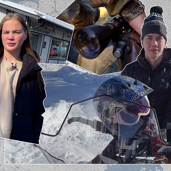 Ett kollage av en ung tjej samt en ung kille på skoter och ett kikarsikte, som båda bor i Västerbottens inland.