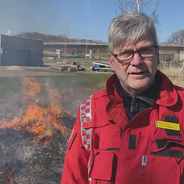 brandman, brandingenjör, räddningstjänsten, eld, gräsbrand, man, grått hår, glasögon