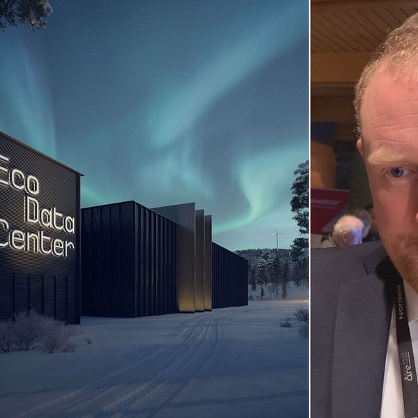 En splitbild med en skiss på Eco Data Center som planeras att byggas utanför Östersund + Niklas Daoson, i röd slips och kavaj, som blir intervjuad