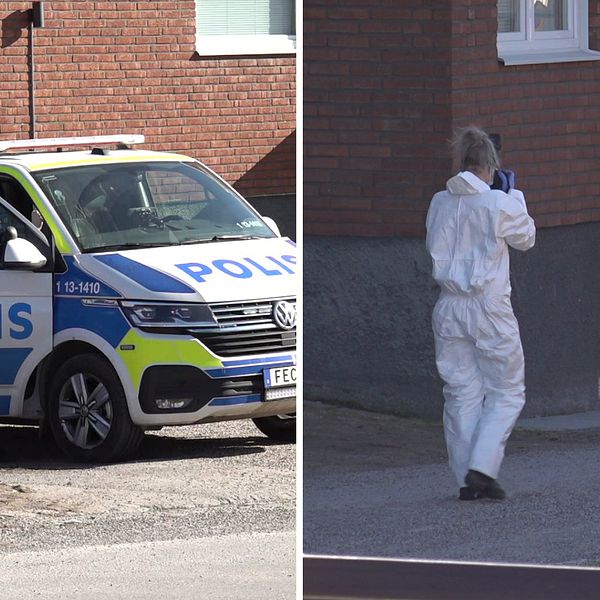 Bilden är ett montage. Till vänster syns en polisbil som står framför ett tegelhus. Till höger syns en tekniker i en vit dräkt som fotograferar en blodig tröja på marken.