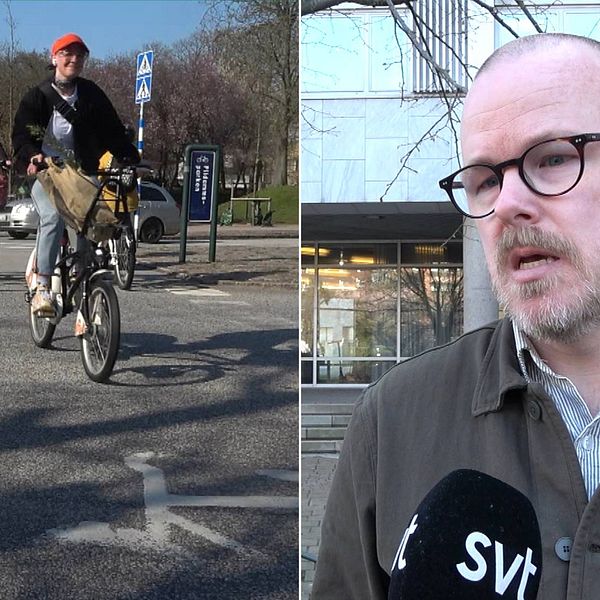 Peter Håkansson, sektionschef fastighets- och gatukontoret i Malmö stad. En cyklist cyklar över en av Malmös farligaste korsningar.