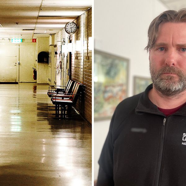 Bilden är ett montage. Till vänster syns en tom skolkorridor och till höger syns Niklas Haggren, huvudskyddsombudet. Han tittar in i kameran och har på sig en svart tröja.