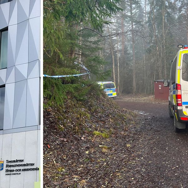 dubbelbild: rutig fasad på jönköpings tingsrätt och polisbilar på skogsväg med avspärrningsband runt granar