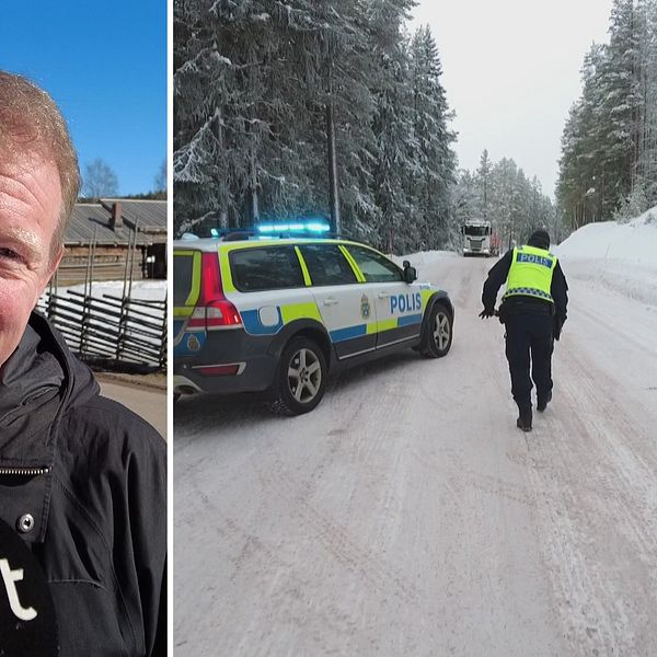 Man i 50-årsåldern med by i bakgrunden, split med två poliser som inspekterar bil i vinterlandskap