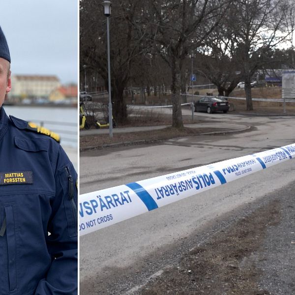 Delad bild. Till vänster: En man i polisuniform i Eskilstuna. Till höger: Ett polisavspärrningsband och en polisbil.