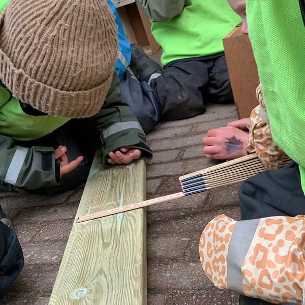 Barn mäter med tumstock på en bräda