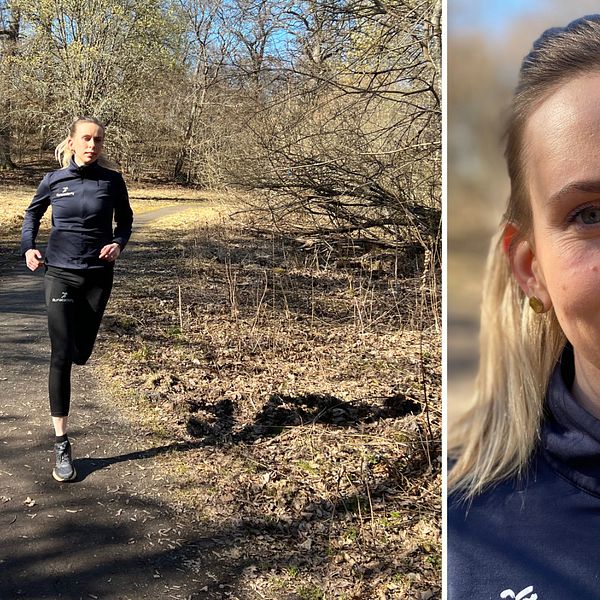 Bilden är delad i två. Den vänstra är en helkroppsbild på löpcoachen Maria Wester när hon springer i ett löparspår i skogen. Den högra är en porträttbild på henne. Hon tittar in i kameran och ler.