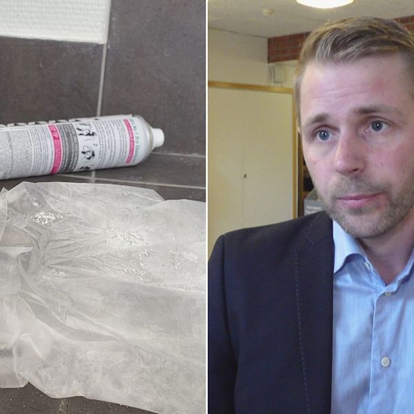 till vänster en bild på en liggande sprayflaska på ett golv och en plastpåse, till höger en man i mörk kavaj och blå skjorta