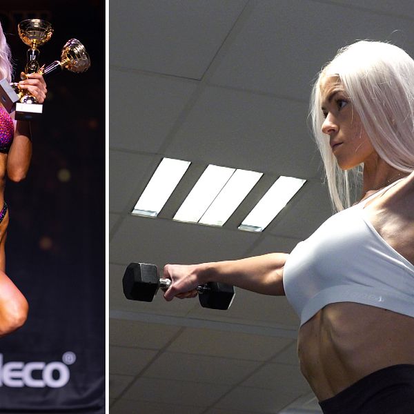 Tvådelad bild: Fitnessmodellen Linn von Bahr ler på en scen i en glittrigt lila bikini, en medalj runt halsen samt tre pokaler i händerna, samt Linn under ett träningspass på gymmet.