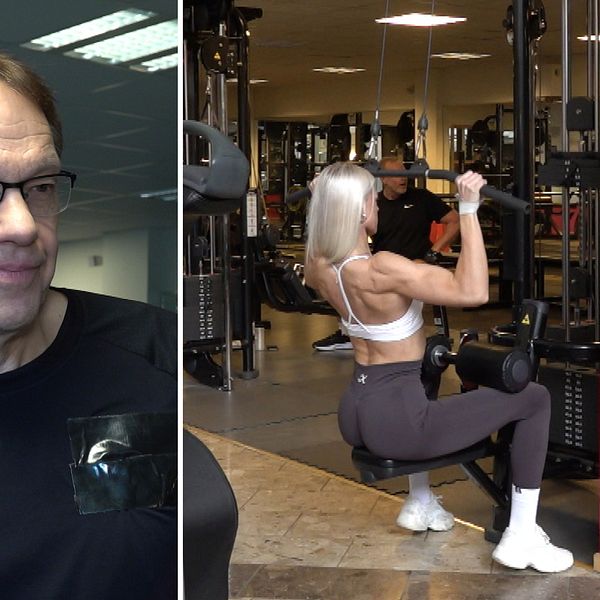 Tvådelad bild: Bikini fitness-domaren Kenneth Johansson ochLinn von Bahr, en kvinna med muskulös kropp som tränar på gymmet.