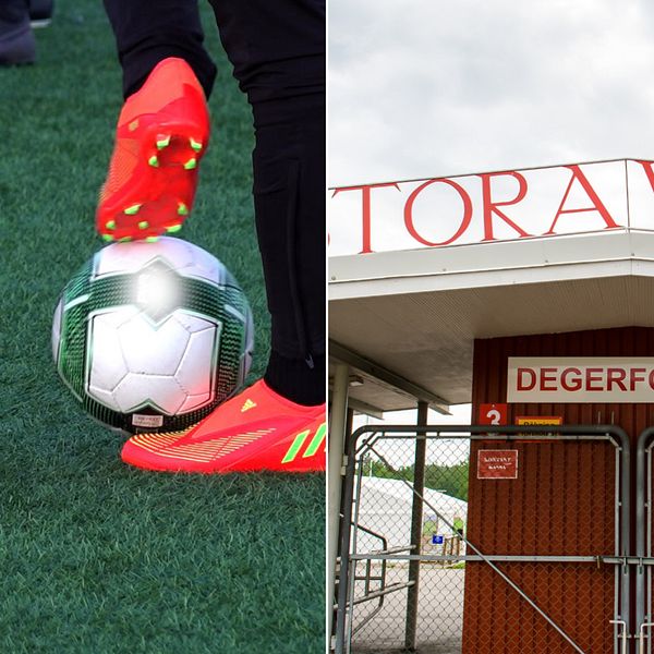 Fötter med fotbollsskor sparkar bollar – Entren till fotbollsarenan Stora valla