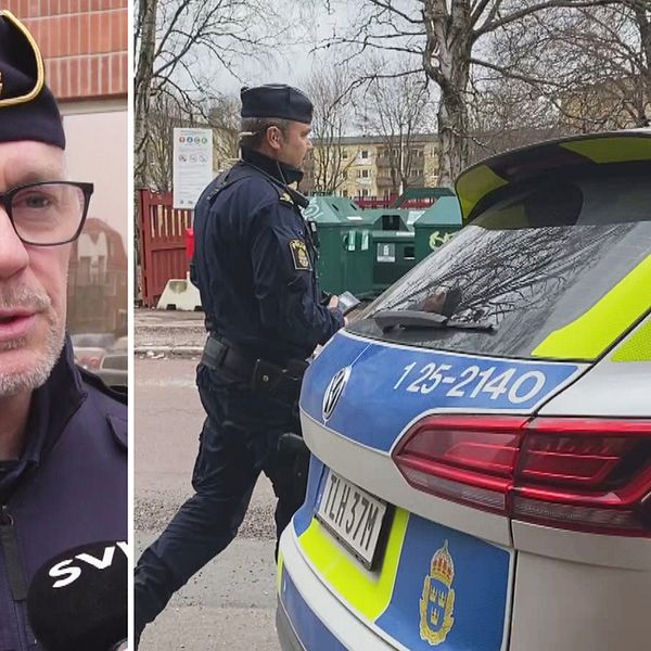 Delad bild – till vänster en bild på oolisen Thomas Hellgren, som har glasögon och polismössa på sig. Till höger en bild på en polis som går förbi en polisbild på platsen där dödsskjutningen ägde rum.