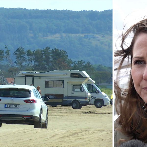 Delad bild. Till vänster syns en bil och flera husvagnar på stranden i Laholm. Till höger en kvinna med brunt hår.
