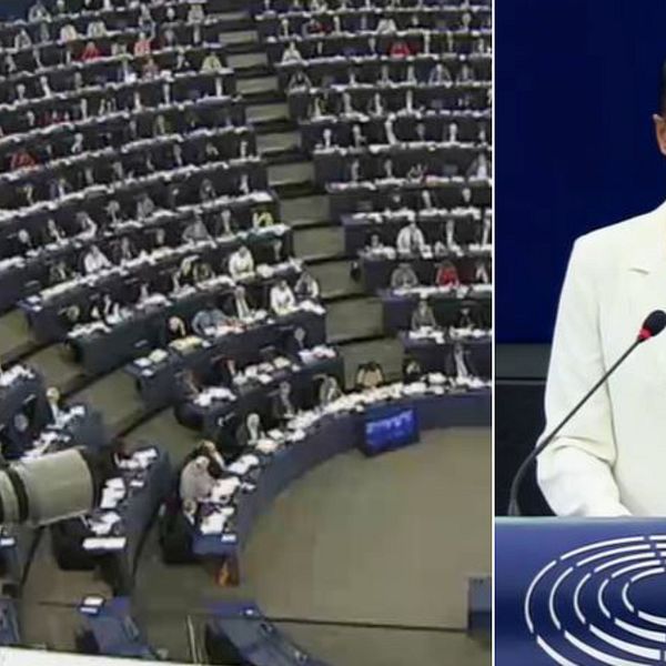 till vänster interiör från EU-parlamentet med en fotograf med kamera i ena hörnet, till höger miljöpartisten Alice Bah Kuhnke
