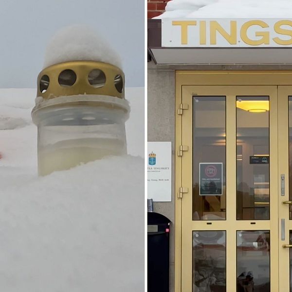 Bils på ljus i snön till vänster, bild på Tingsrätten till höger