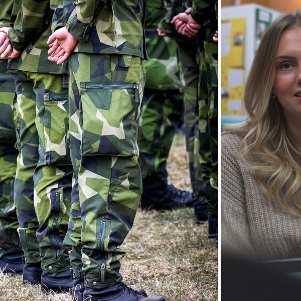 Militärer står på led. Till höger Ester Blixt som SVT intervjuat.