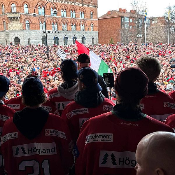 Spelare och supportrar firar Modos SHL-avancemang på torget i Örnsköldsvik.