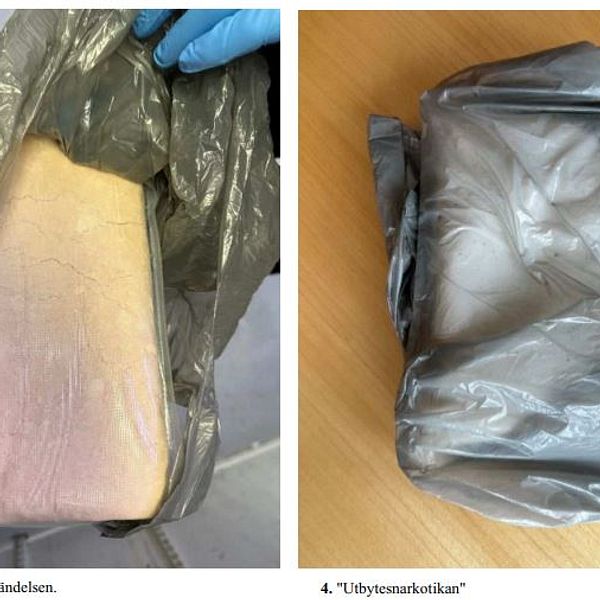 Bild till vänster visar polisens beslag av 1 kg amfetamin. Bild till höger visar ett liknande paket men det är polisens socker