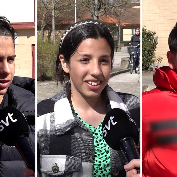 Bild på tre ungdomar som svarar på frågor i en SVT-mikrofon.
