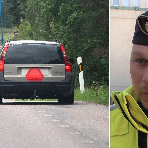 A-traktor på landsväg till vänster, polisen Björn Thunblad med reflexjacka till höger.
