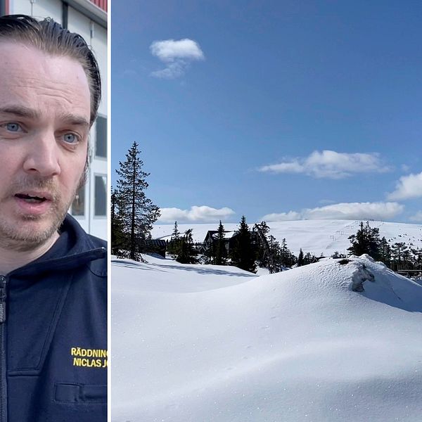 Delad bild – till vänster en bild på en man man svart hår, Niclas Jolhammar, och till höger ser man en snöhög och skidanläggningen vid Högfjällshotellet som är alldeles snötäckt.